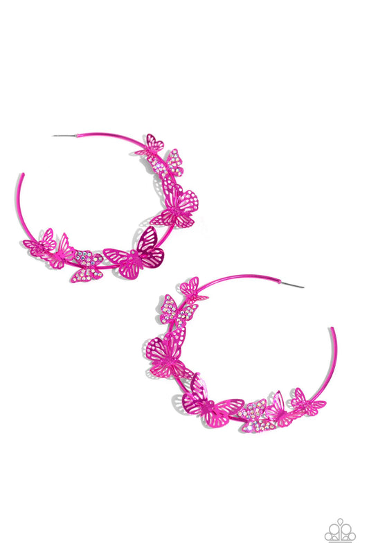 Shimmery Swarm Pink Butterfly Hoop Earrings