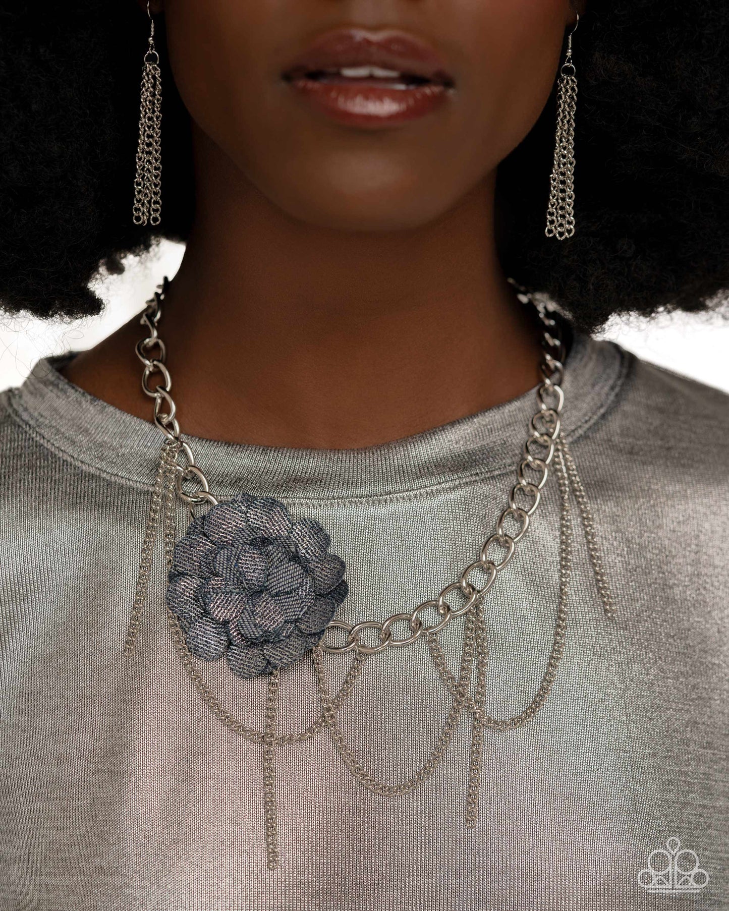 Deconstructed Denim Blue Floral Necklace