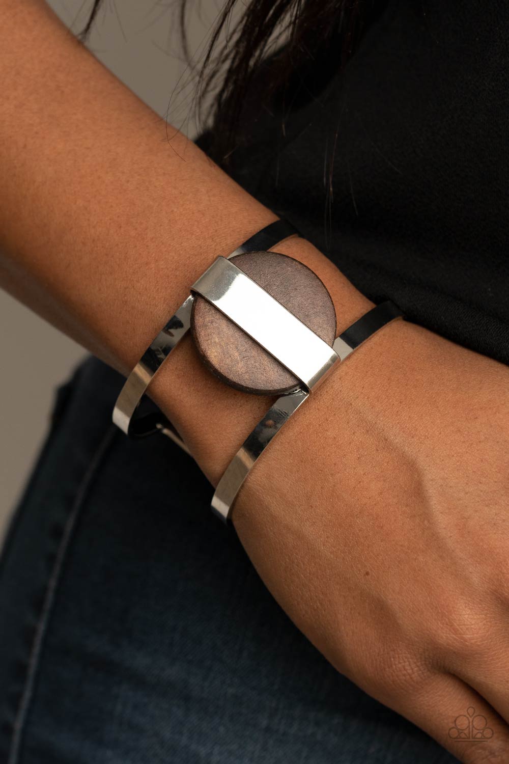 Organic Fusion Brown Silver Wood Cuff Bracelet