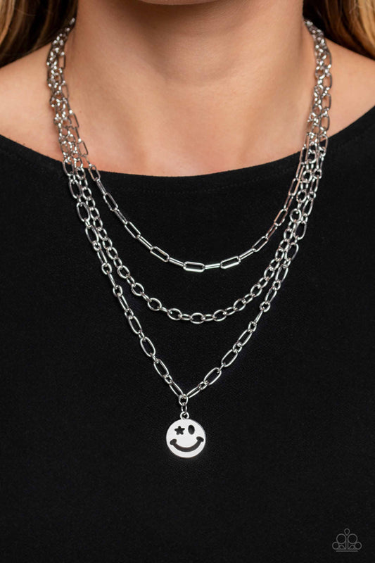 Winking Wanderer Silver Smiley Face Necklace