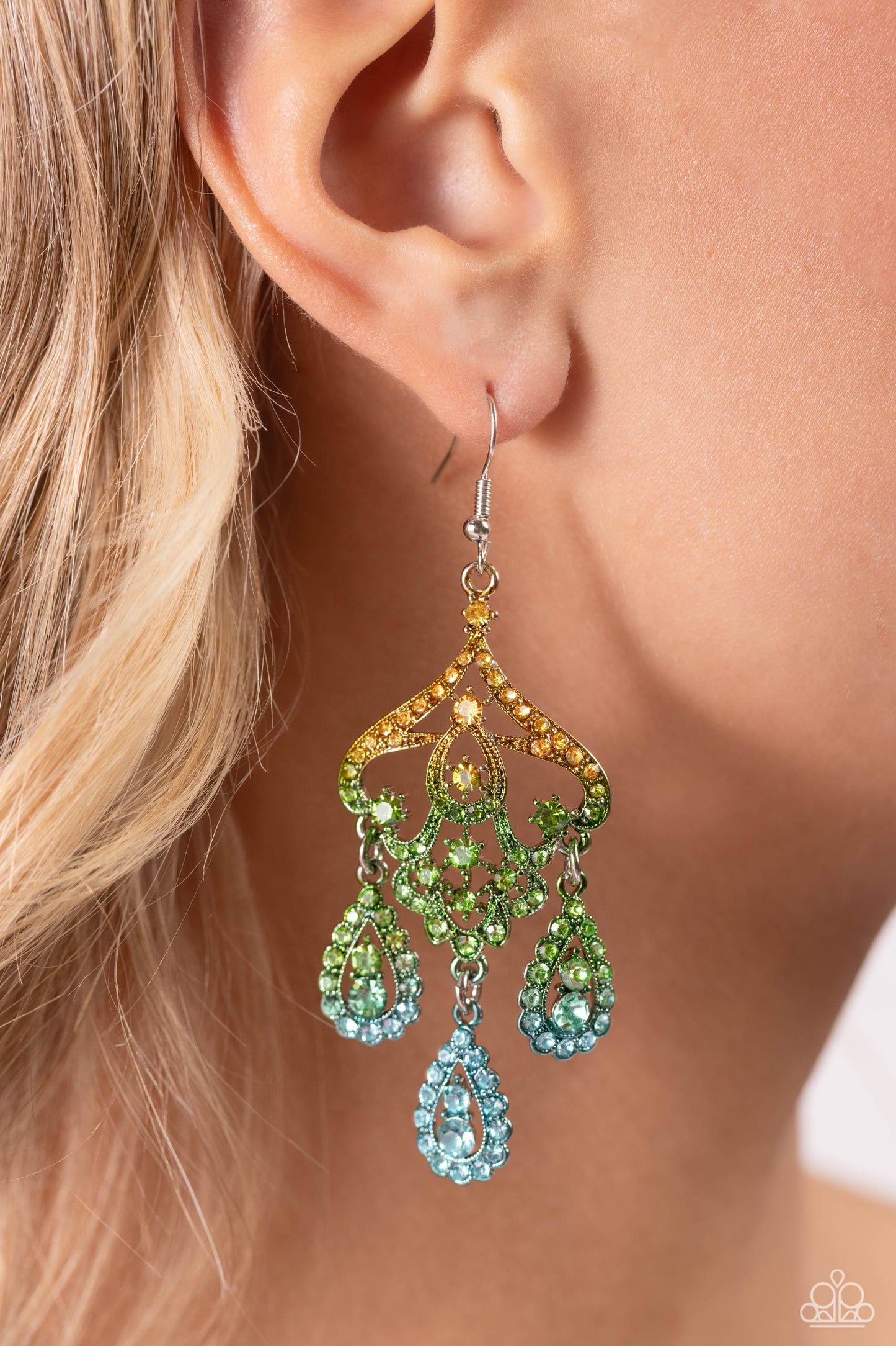 Chandelier Command Green Multi Rhinestone Earrings