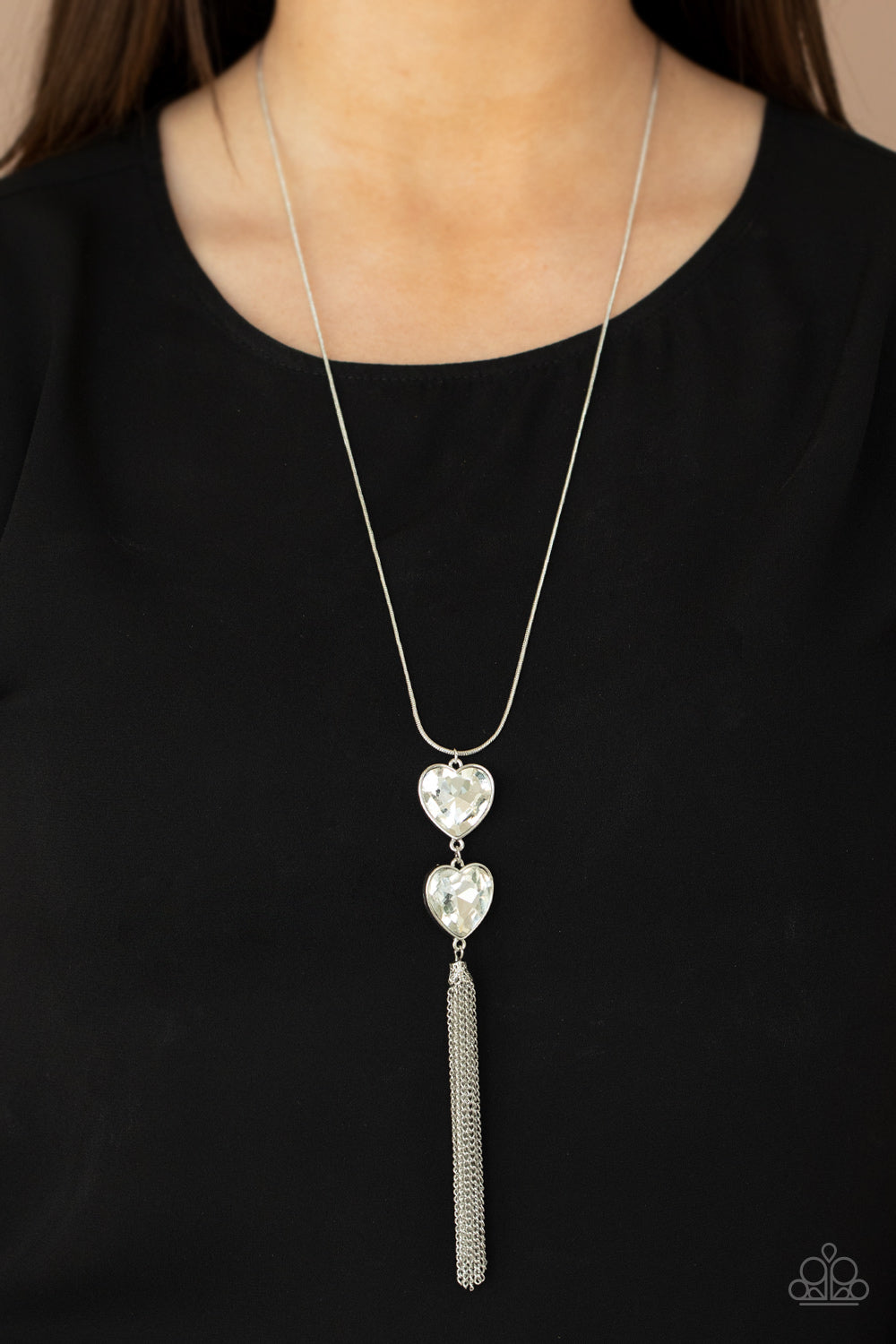 Flirtatious of Them All Long Silver Heart Necklace