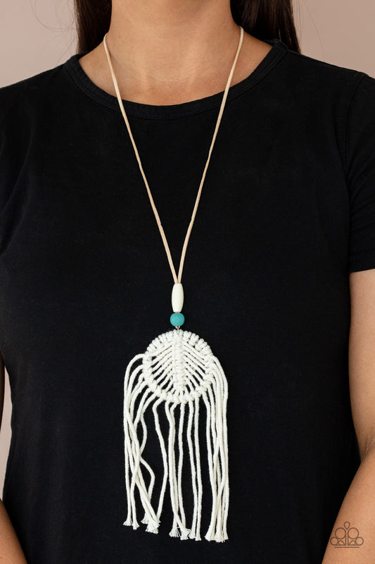 Desert Dreamscape Long Blue White Macrame Necklace