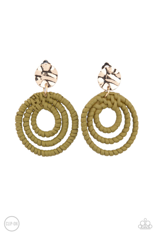 Whimsically Wicker Green Clip On Earrings